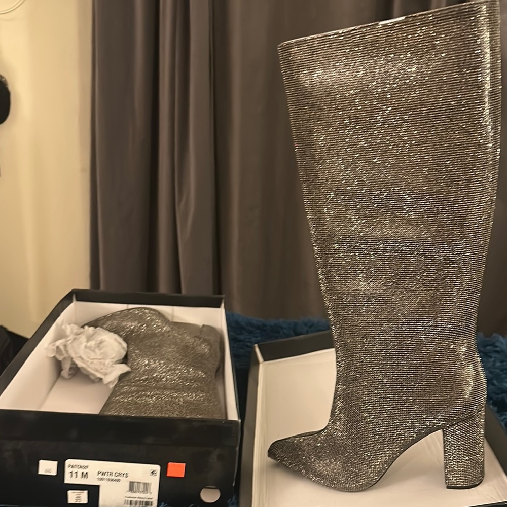 INC International Concepts Silver Glitter Heeled Boots